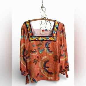 Anthropologie Orange and Multicolor Patterned Blouse